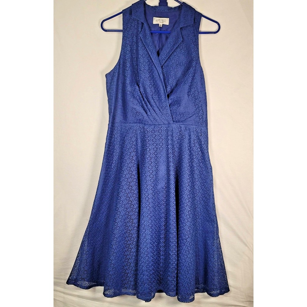 Kasper Dress Womens 8 Blue Lace Fit & Flare Sleeveless V-Neck Belted Party